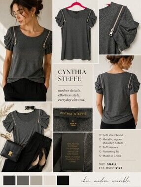 Cynthia Steffe Gray Knit Top Sz Small Metallic Zip Shoulder Puff Sleeve Stretch